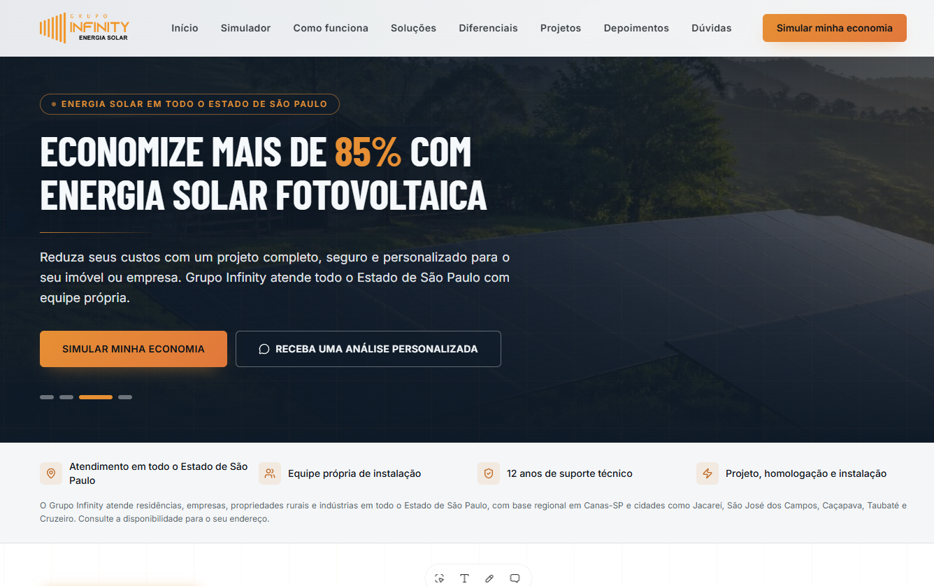 Landing page do Grupo Infinity Energia Solar em desktop, com destaque para economia de até 85%.