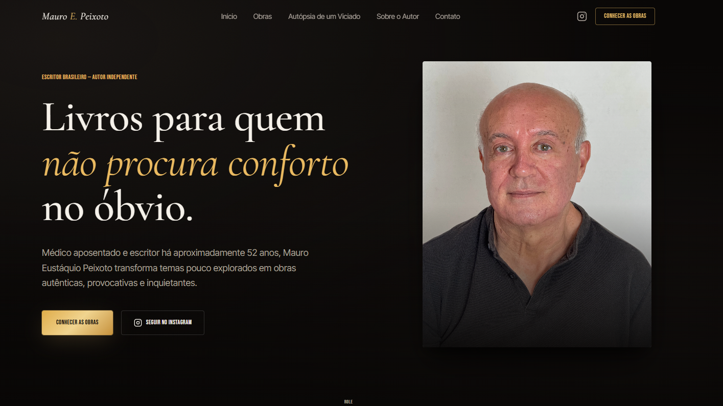 Landing page do escritor Mauro Eustáquio Peixoto em desktop, estética autoral marcante.