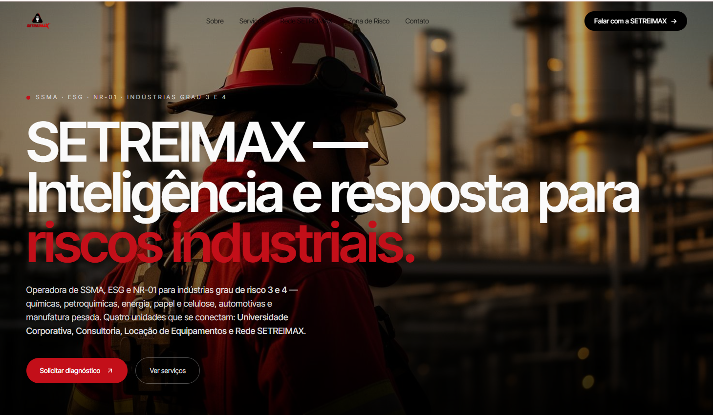 Site da SETREIMAX em desktop, apresentando serviços de SSMA, ESG e consultoria industrial.